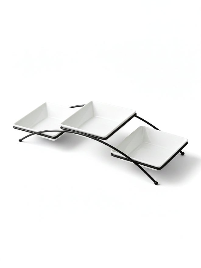 Shallow 3-Piece Square 14cm Porcelain and New Bone China Bowls with Metal Stand, 14cm - Image 1