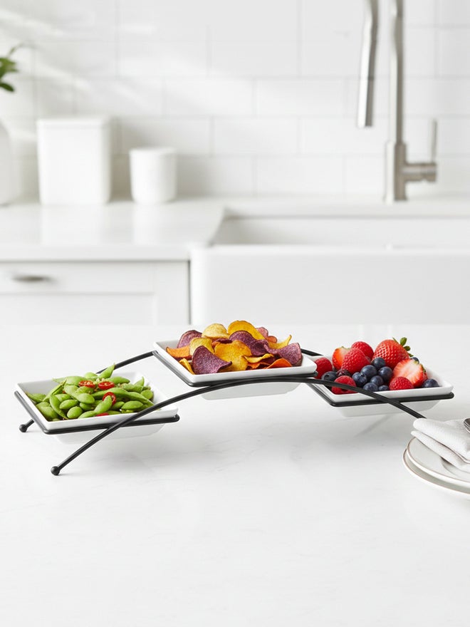 Shallow 3-Piece Square 14cm Porcelain and New Bone China Bowls with Metal Stand, 14cm - Image 4