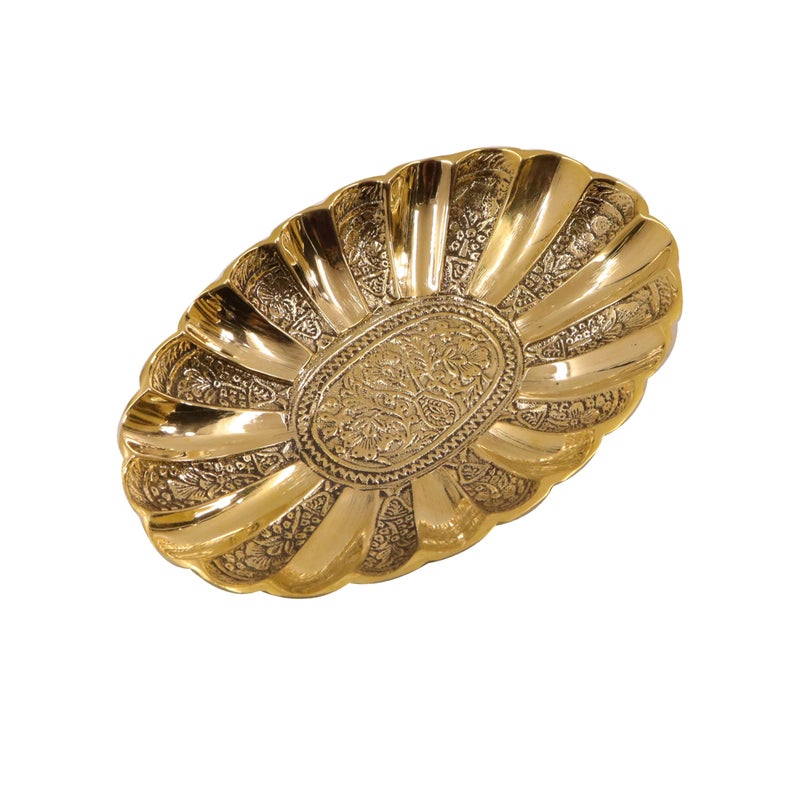 Putrika Traditional Brass Utensil Oval Snack Tray|Dessert Plate|Small Snack Tray|Oval Plate|Embossed Tray Plate|Serving Plate|Dinnerware|Tableware- Engraved Oval Tray (Xtra Small) - Image 2