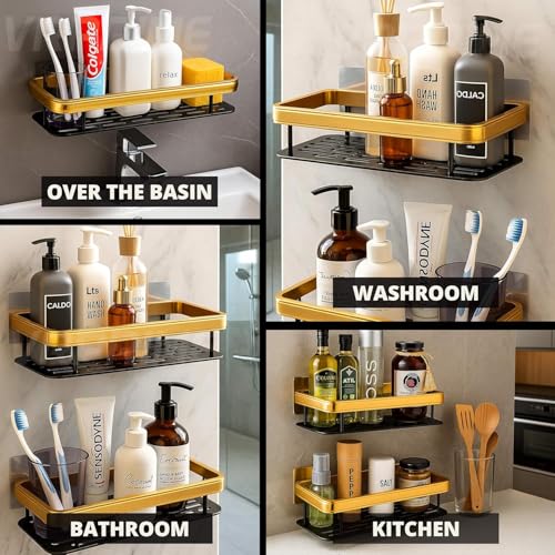 Perpetual Self - Adhesive Bathroom Shelf for Wall, Multipurpose Wall Mounted Bathroom and Kitchen Organiser Without Drill, Space Saving Stand for Bathroom and Kitchen Wall (Pack of 2) Gold - Image 2