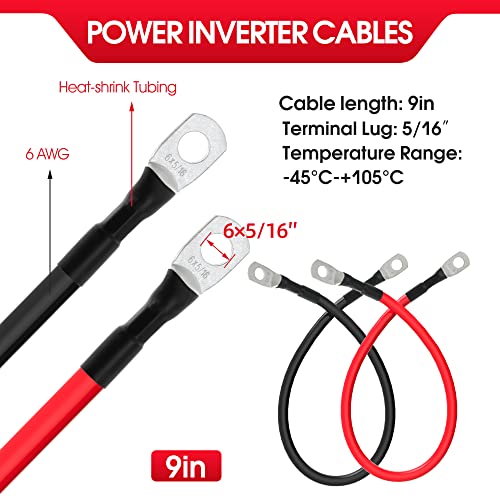 TUELETFU كابلات بطارية 6 AWG كابل عاكس طاقة بطارية 6 قياس مع لقم نحاسية مغطاة بالقصدير بحجم 5/16 بوصة في كلا الطرفين للسفن البحرية والقوارب وRV والسيارات والدراجات النارية 2 قطعة (9 بوصة) - Image 2