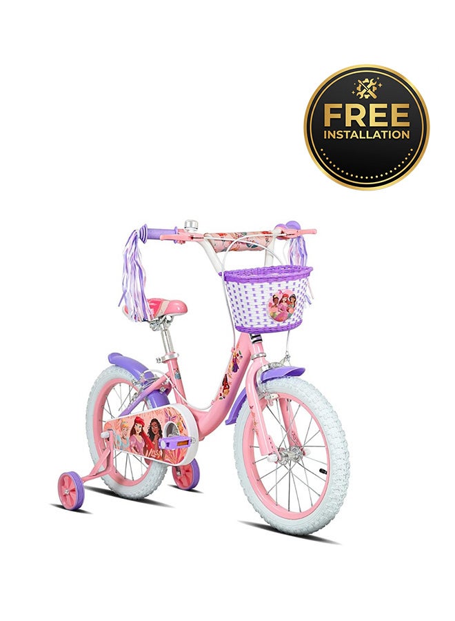Spartan | 16" Disney Princess Magical Bicycle for Girls Removable Training Wheels, Adjustable Seat, Front Basket, Rear Mudguard, Steel Frame, Official Disney Graphics Pink (SP-3236) | Pink | Ages 4 to 6 - Image 1