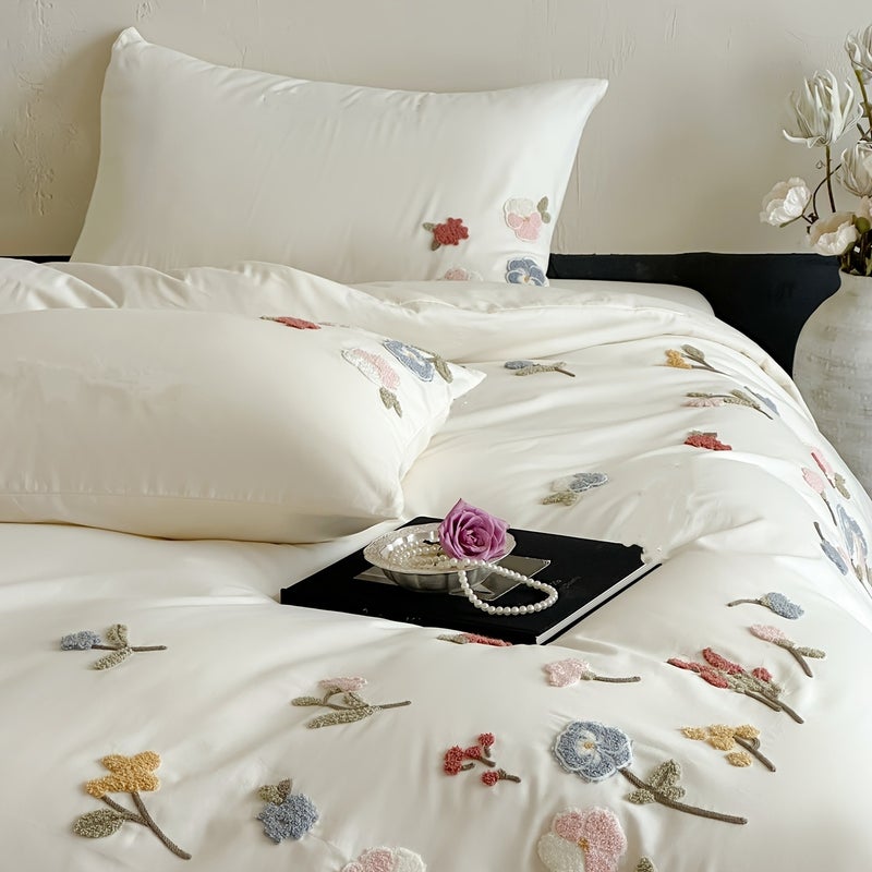 3pcs Floral Plant Embroidery Bedding Set, Includes 1 Duvet Cover and 2 Pillowcases (filling Not Included). The Duvet Cover Features a Zipper for Easy Removal and Washing. The Fabric Is Soft and Comfortable, Suitable for All Seasons - Image 4