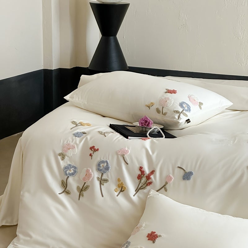 3pcs Floral Plant Embroidery Bedding Set, Includes 1 Duvet Cover and 2 Pillowcases (filling Not Included). The Duvet Cover Features a Zipper for Easy Removal and Washing. The Fabric Is Soft and Comfortable, Suitable for All Seasons - Image 5