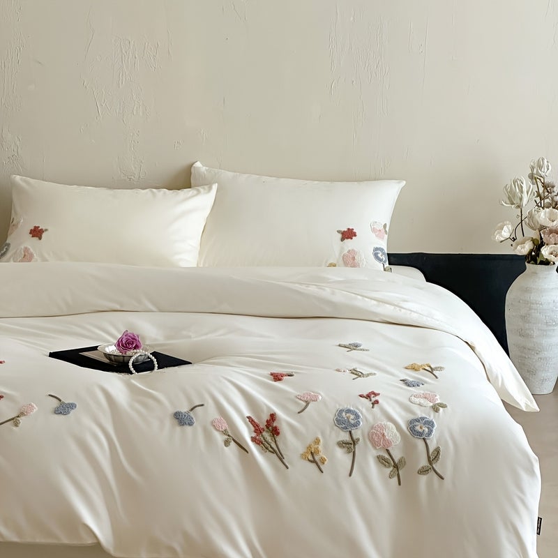 3pcs Floral Plant Embroidery Bedding Set, Includes 1 Duvet Cover and 2 Pillowcases (filling Not Included). The Duvet Cover Features a Zipper for Easy Removal and Washing. The Fabric Is Soft and Comfortable, Suitable for All Seasons - Image 3