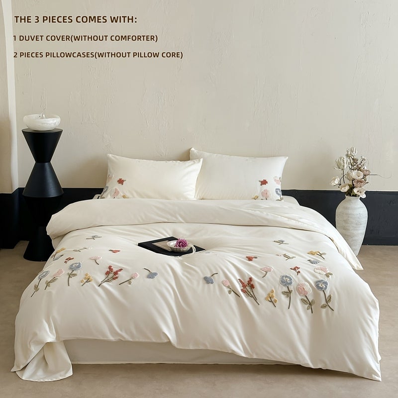 3pcs Floral Plant Embroidery Bedding Set, Includes 1 Duvet Cover and 2 Pillowcases (filling Not Included). The Duvet Cover Features a Zipper for Easy Removal and Washing. The Fabric Is Soft and Comfortable, Suitable for All Seasons - Image 1