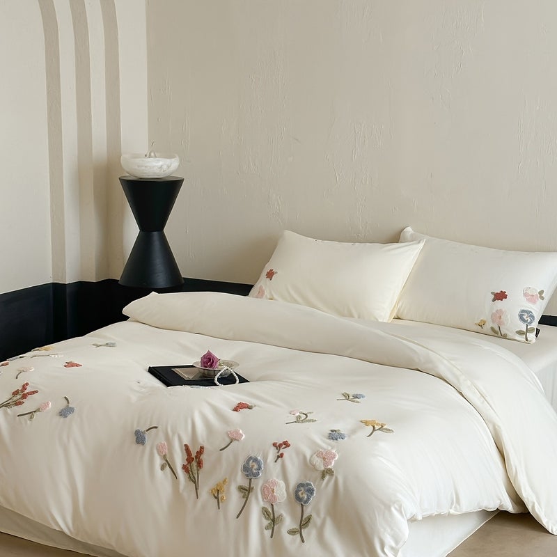 3pcs Floral Plant Embroidery Bedding Set, Includes 1 Duvet Cover and 2 Pillowcases (filling Not Included). The Duvet Cover Features a Zipper for Easy Removal and Washing. The Fabric Is Soft and Comfortable, Suitable for All Seasons - Image 2