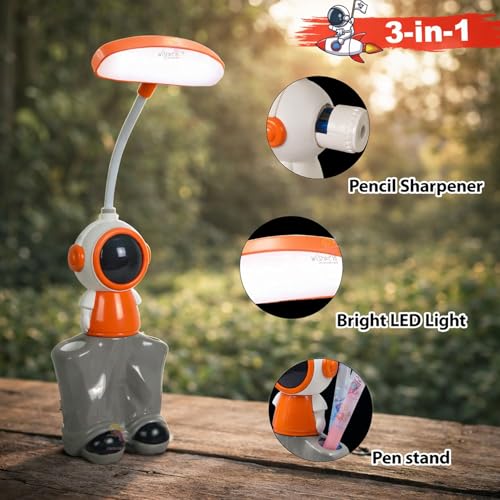 WISHKEY 3-in-1 LED Desk Lamp with Pencil Sharpener and Pen Stand, Astronaut Theme, Study Desk Lamp with Base Stand, Rechargeable Desk Light, 360° Flexible Hose Table Lamp for Kids Multicolor Pack of 1 - Image 5