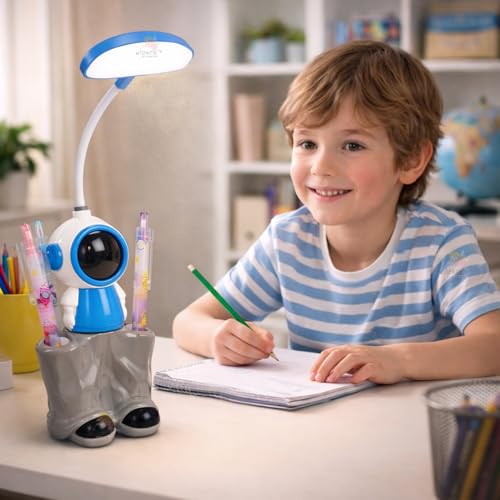 WISHKEY 3-in-1 LED Desk Lamp with Pencil Sharpener and Pen Stand, Astronaut Theme, Study Desk Lamp with Base Stand, Rechargeable Desk Light, 360° Flexible Hose Table Lamp for Kids Multicolor Pack of 1 - Image 3