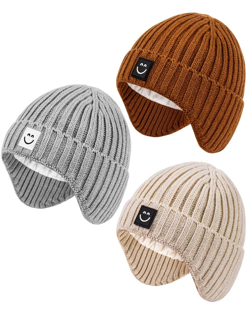 Alepo 3 Pack Baby Beanie Hats with Earflaps, 2 Size Baby Winter Hat for Newborn Infant Toddler Kids Children with Cute Smiley Face, Soft Warm Fleece Lined Knit Hat for Girls Boys-13 - Image 1