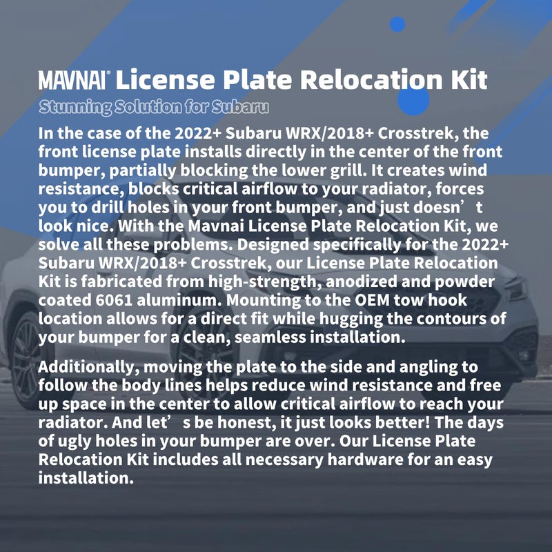 Mavnai License Plate Relocation Kit, Fits For Subaru WRX 2022+/Crosstrek 2018+, Mounts to OEM Front Tow Hook, Avoid Drilling Holes in The Front Bumper, Includes All Necessary Hardware for Installation - Image 4