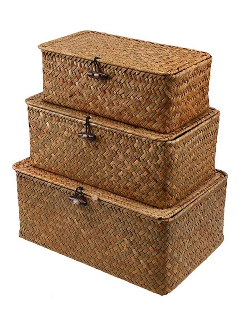 LINGWEI LINGWEI Set of 3 Shelf Basket with Lid for Home Decor Seagrass Storage Baskets Natural Rattan Woven Rectangular Organizer Box  - Image 1
