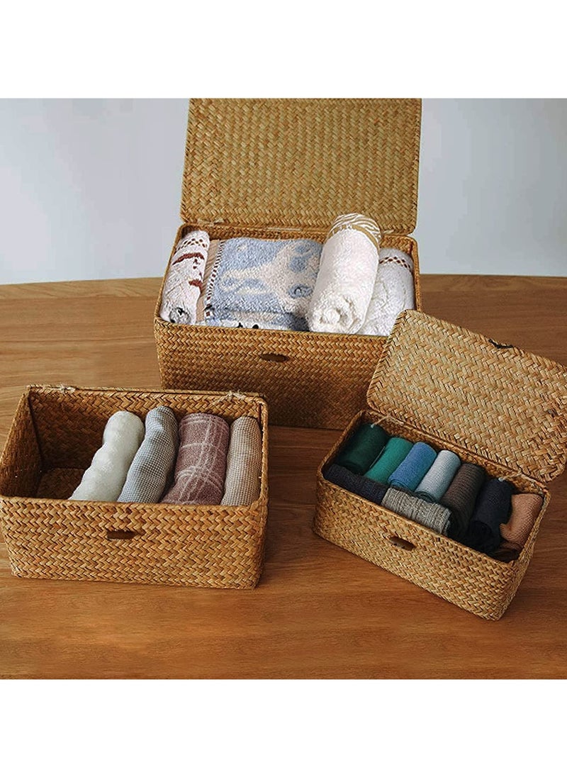 LINGWEI LINGWEI Set of 3 Shelf Basket with Lid for Home Decor Seagrass Storage Baskets Natural Rattan Woven Rectangular Organizer Box  - Image 2