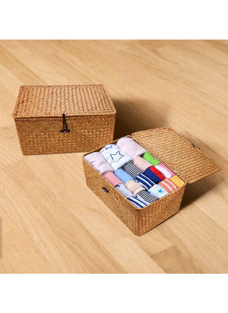 LINGWEI LINGWEI Set of 3 Shelf Basket with Lid for Home Decor Seagrass Storage Baskets Natural Rattan Woven Rectangular Organizer Box  - Image 4