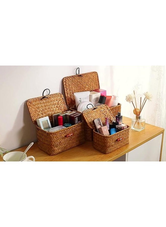 LINGWEI LINGWEI Set of 3 Shelf Basket with Lid for Home Decor Seagrass Storage Baskets Natural Rattan Woven Rectangular Organizer Box  - Image 3