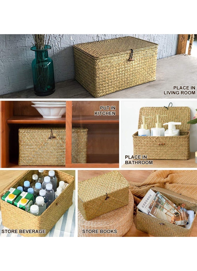 LINGWEI LINGWEI Set of 3 Shelf Basket with Lid for Home Decor Seagrass Storage Baskets Natural Rattan Woven Rectangular Organizer Box  - Image 5