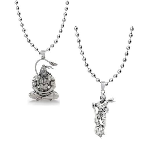 Okos Rhodium Plated Fashion Jewellery Combo of 2 Different Style Meditating and Standing Lord Hanuman Pedants With Chain CO1000479RHD - Image 1