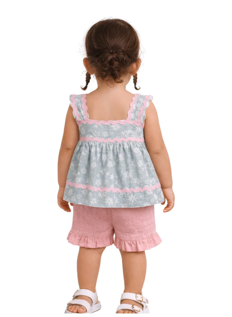 victor and jane Baby Girls Sleeveless Smocked Top & Ruffle Shorts Set with Headband and sunglasses