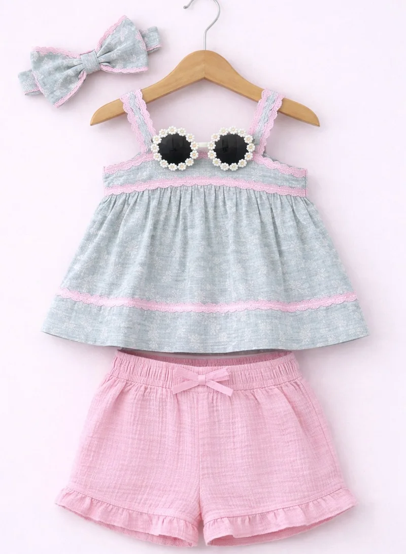 Victor And Jane  Baby Girls Sleeveless Smocked Top & Ruffle Shorts Set with Headband and sunglasses for Women | Best Price UAE
