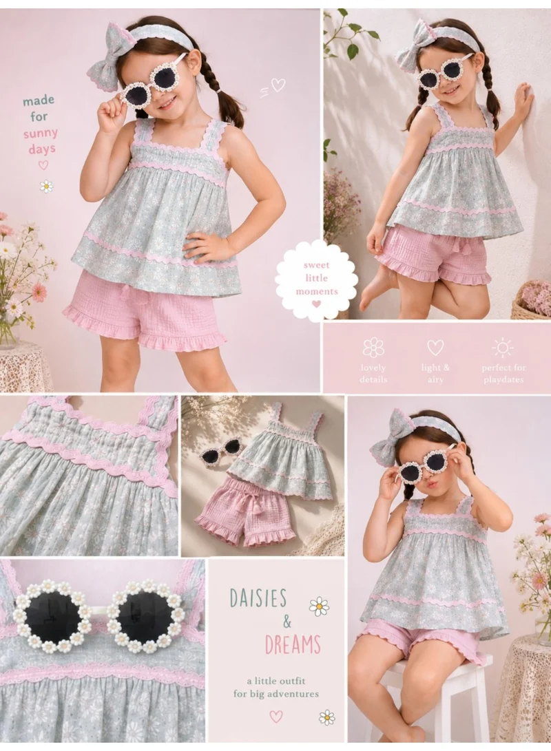 Victor And Jane  Baby Girls Sleeveless Smocked Top & Ruffle Shorts Set with Headband and sunglasses for Women | Best Price UAE