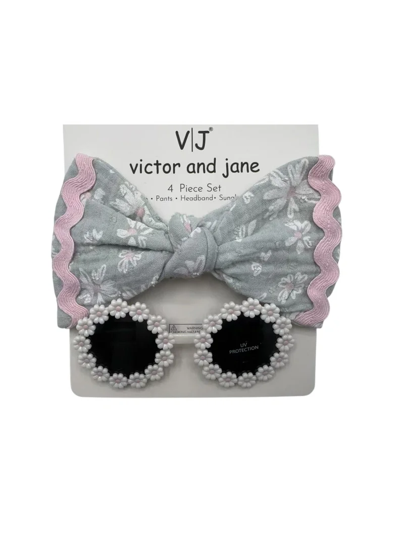 Victor And Jane  Baby Girls Sleeveless Smocked Top & Ruffle Shorts Set with Headband and sunglasses for Women | Best Price UAE