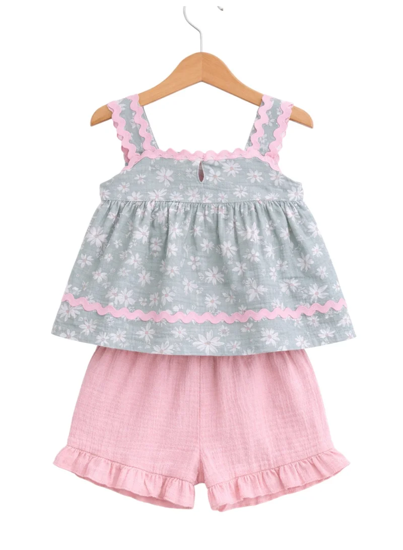 Victor And Jane  Baby Girls Sleeveless Smocked Top & Ruffle Shorts Set with Headband and sunglasses for Women | Best Price UAE
