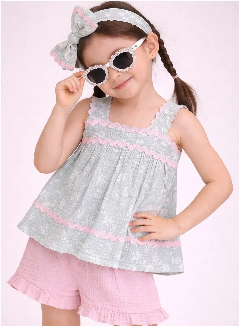 Victor And Jane  Baby Girls Sleeveless Smocked Top & Ruffle Shorts Set with Headband and sunglasses for Women | Best Price UAE