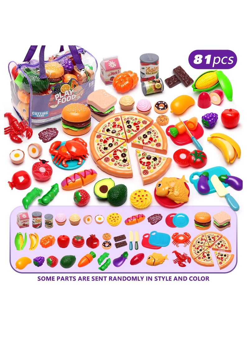 81pcs Cutting Toy Food with Storage Bag, Cutting Fruit and Vegetable Set, Kitchen Toy Set, Fun Food Simulation Toys for Children's Skills Development,Boys Girls Gift - Image 1