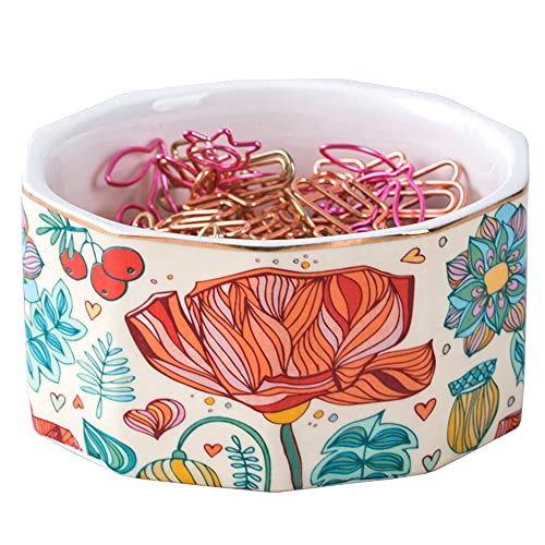YOSCO Ceramic Paper Clip Holder Paper Clip Dispenser Organizer for Desk Cute Office Binder Clip Holder Bobby Pin and Hair Clip Holder (01-Flower) - Image 1