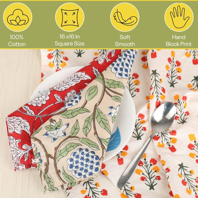 Marubhumi 10 Pc Cotton Cloth Napkins- Hand Block Print, Eco-Friendly, Dinner Napkins, Floral,Hand Made Size 16x16 Inch Printed Home Decor Multicolored - Image 5
