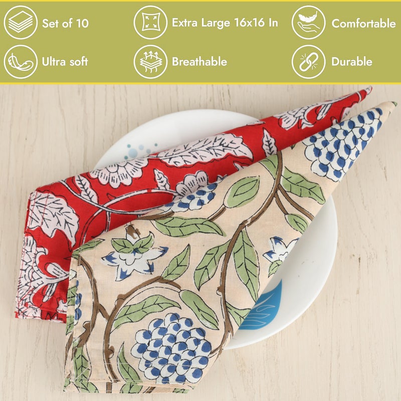 Marubhumi 10 Pc Cotton Cloth Napkins- Hand Block Print, Eco-Friendly, Dinner Napkins, Floral,Hand Made Size 16x16 Inch Printed Home Decor Multicolored - Image 3