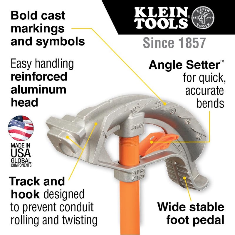Klein Tools 51607 Aluminum Conduit Bender Full Assembly, 3/4-Inch EMT, 1/2-Inch Rigid, Wide Foot Pedal, Benchmark Symbols and Angle Setter - Image 2