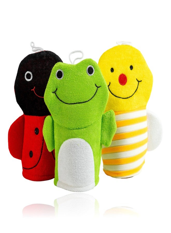Made Easy Kit Hand Puppet Bath Wash Mitt Towel with Animal Designs with Loofahs for Fun Interactive Bathing Time (Red Green Yellow (No Loofah)) - Image 1