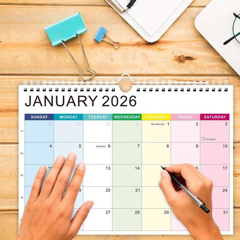 تقويم حائط بحجم A4 لمدة 18 شهرًا لعامي 2026 و2027 (11.8 × 8.27 بوصة) – يبدأ من الأحد – تجليد حلزوني مزدوج – شبكة يومية – العطلات – أطوار القمر - Image 1