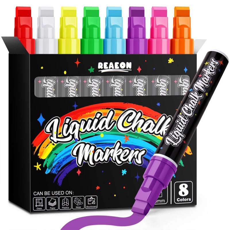 Reaeon Jumbo Liquid Chalk Markers for Blackboards, Bold Color Erasable Chalk Pens with 10mm 3 in 1 Nib, Washable Dust-Free Pens for Glass, Signs, Windows, Cars, Chalkboard (8-Pack) - Image 1