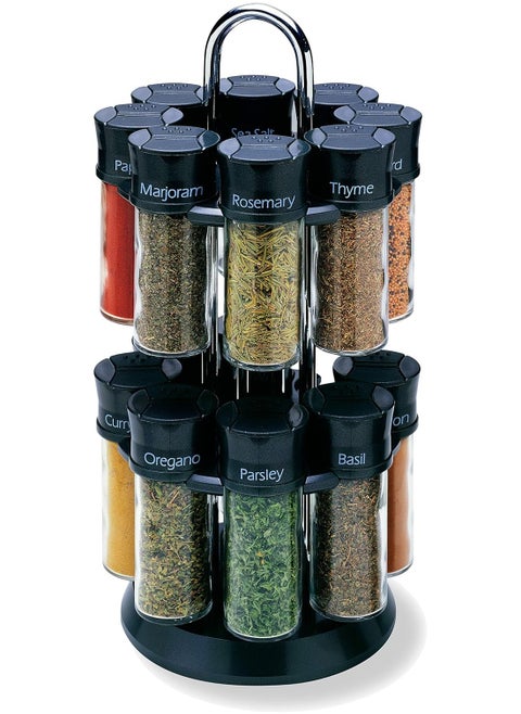 Olde Thompson Chrome- Plated Rotating Spice Rack, 16 Refillable Spice Jars With Shaker Tops And Labeled Lids For Frequently Used Spices