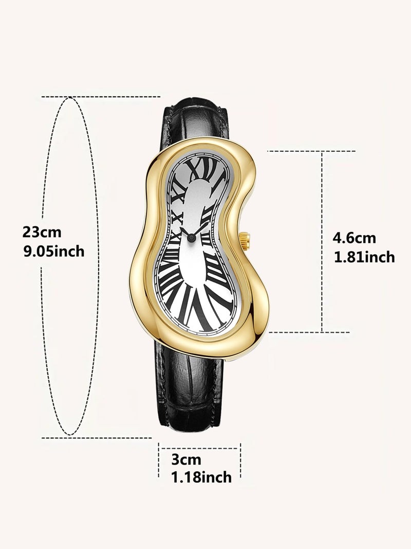 PINTIME Melting Art Stainless Steel Wristwatch – Surreal Watch for Men with Roman Numerals Unique Distorted Dial Design, Business Casual Dress Watch (Gold) - Image 3