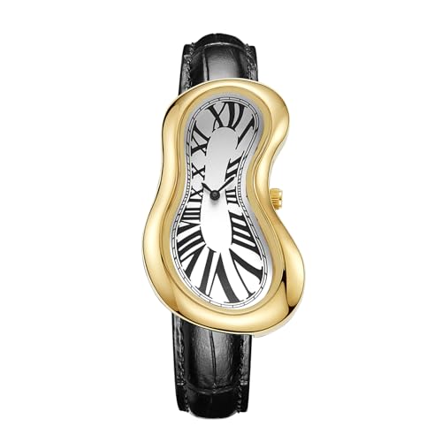 PINTIME Melting Art Stainless Steel Wristwatch – Surreal Watch for Men with Roman Numerals Unique Distorted Dial Design, Business Casual Dress Watch (Gold) - Image 1