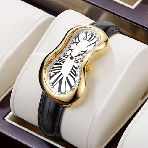 PINTIME Melting Art Stainless Steel Wristwatch – Surreal Watch for Men with Roman Numerals Unique Distorted Dial Design, Business Casual Dress Watch (Gold) - Image 2