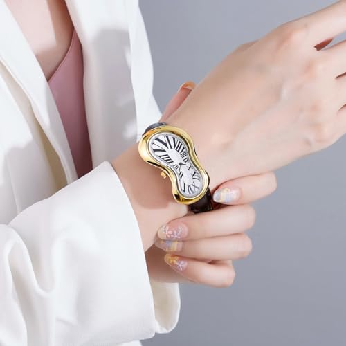 PINTIME Melting Art Stainless Steel Wristwatch – Surreal Watch for Men with Roman Numerals Unique Distorted Dial Design, Business Casual Dress Watch (Gold) - Image 4
