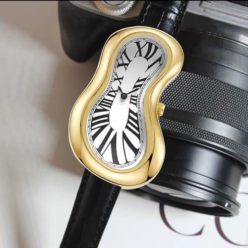 PINTIME Melting Art Stainless Steel Wristwatch – Surreal Watch for Men with Roman Numerals Unique Distorted Dial Design, Business Casual Dress Watch (Gold) - Image 5