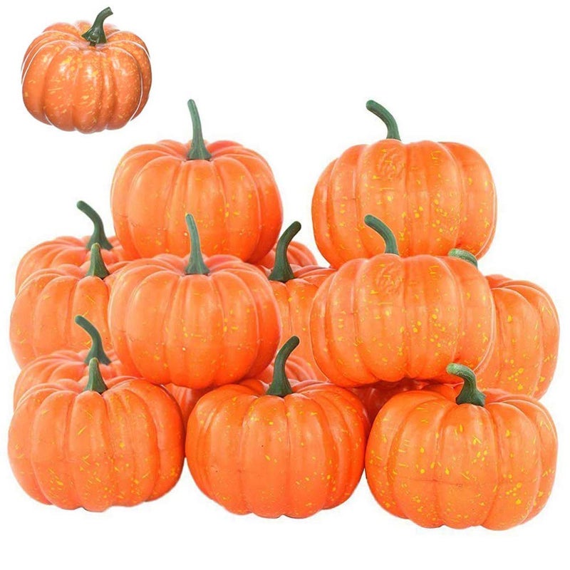 Lainrrew 12 Pcs Mini Artificial Pumpkins Fall Harvest Simulation Pumpkins Decor Fake Fruit Home Decor for Halloween Thanksgiving Party Decorations Orange