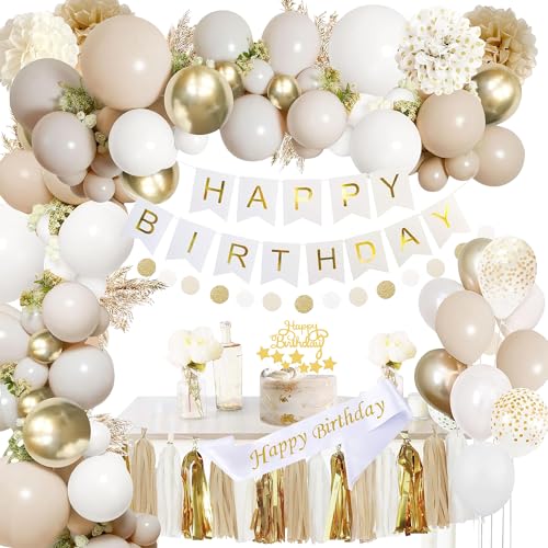 YGBMDZ Upgraded Gold White Birthday Party Decorations for Girls Women Men with Happy Birthday Sash,Banner,Tissue Pompoms,Circle Dots Garland,Paper Tassels Garland, cake topper for Her Decor - Image 1