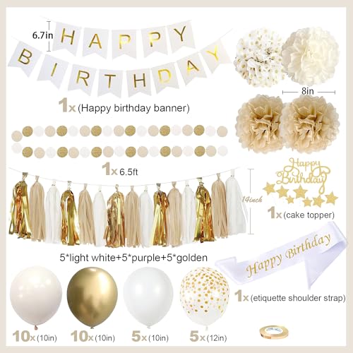 YGBMDZ Upgraded Gold White Birthday Party Decorations for Girls Women Men with Happy Birthday Sash,Banner,Tissue Pompoms,Circle Dots Garland,Paper Tassels Garland, cake topper for Her Decor - Image 3