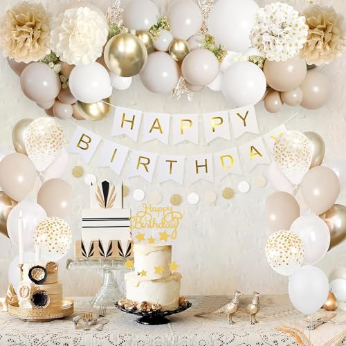 YGBMDZ Upgraded Gold White Birthday Party Decorations for Girls Women Men with Happy Birthday Sash,Banner,Tissue Pompoms,Circle Dots Garland,Paper Tassels Garland, cake topper for Her Decor - Image 2