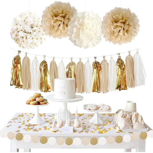 YGBMDZ Upgraded Gold White Birthday Party Decorations for Girls Women Men with Happy Birthday Sash,Banner,Tissue Pompoms,Circle Dots Garland,Paper Tassels Garland, cake topper for Her Decor - Image 5