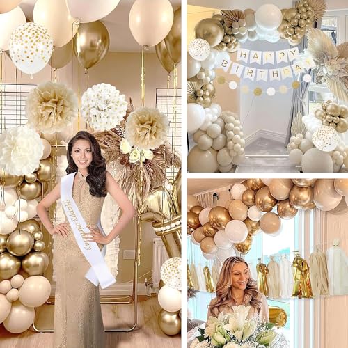 YGBMDZ Upgraded Gold White Birthday Party Decorations for Girls Women Men with Happy Birthday Sash,Banner,Tissue Pompoms,Circle Dots Garland,Paper Tassels Garland, cake topper for Her Decor - Image 4