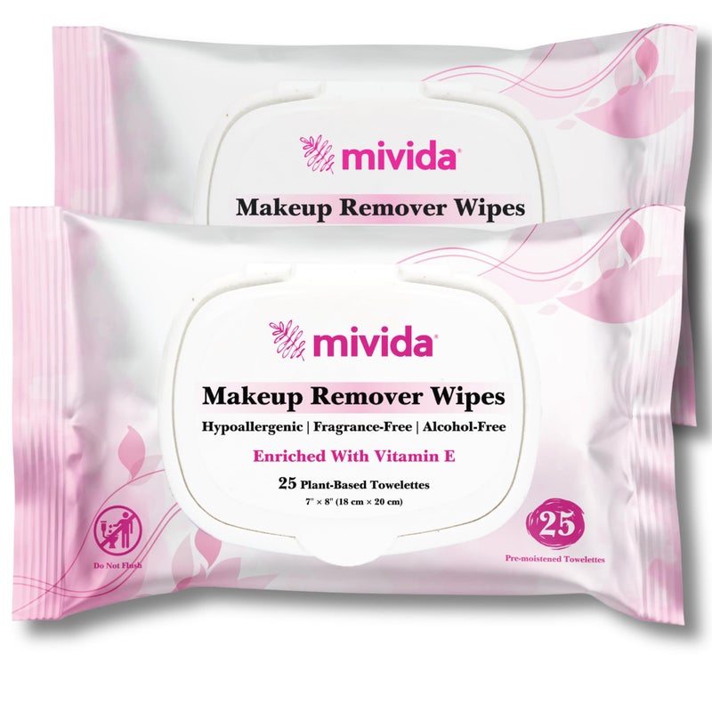 mivida Hypoallergenic Makeup Remover Wipes With Vitamin E, Dermatologist Tested, Alcohol Free & Fragrance Free Makeup Wipes For Sensitive Skin Make Up Remover, Travel Friendly 2 Ã— 25 Count - Image 1