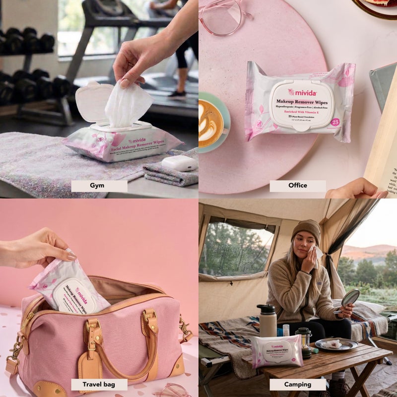 mivida Hypoallergenic Makeup Remover Wipes With Vitamin E, Dermatologist Tested, Alcohol Free & Fragrance Free Makeup Wipes For Sensitive Skin Make Up Remover, Travel Friendly 2 Ã— 25 Count - Image 5