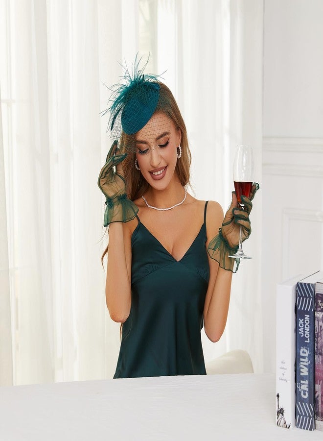 GurZinn Fascinator Hat Veil Tea Party Bridal Wedding Veil Pillbox Hat and Lace Bowknot Gloves for Women（Green Hat&Gloves） - Image 5